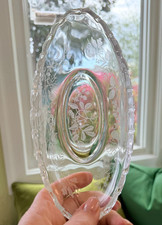 Fostoria Glass Etched Embossed "Heather" Floral Oval 8x4" Celery Dish USA 1950's