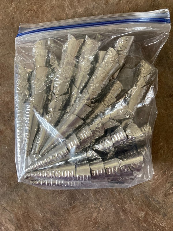 McPHERSON JINGLE CONES, 100, SILVERTONE, 2 INCH EACH, NEW.