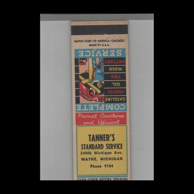 Matchbook Cover - Vintage Gas Station Tanner's Standard Service Wayne, MI