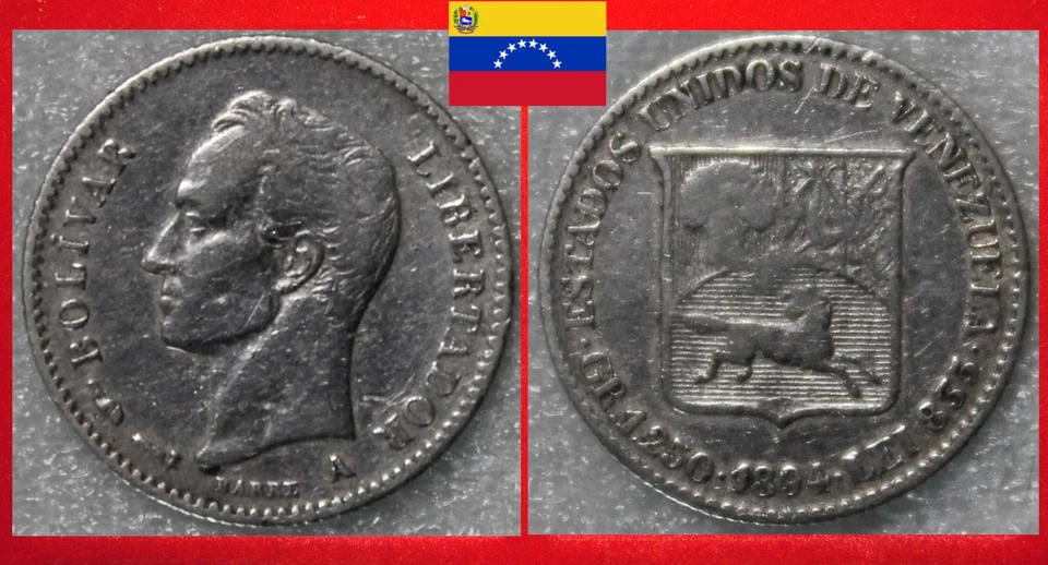 MÜNZE COIN Lei 835 Silber Silver Barre VENEZUELA 1/4 BOLIVAR 1894 A PARIS ss - Bild 1 von 3