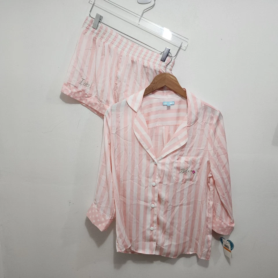 BETSEY JOHNSON Mrs. Pijama Conjunto Corto Pijamas Rosa Blanco Retro Pin-Up Rayas Talla S Foto 2 de 4
