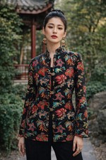 Chico  s Silk Blend Mandarin Collar Jacket Floral Brocade Asian Style Sz 2 Large