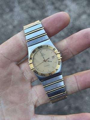 OMEGA Constellation 18K Gold Steel Quartz Mens Watch New Battery 396.1080 Box 