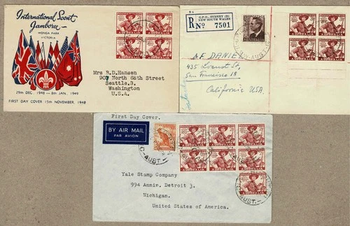Australia 1948 1952 Scout Block 4 or 7 FDC inc Registered Cover x3