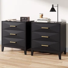 26" Black Nightstand with 3 Drawers,Gold Handles and Textured Fronts for Bedroom