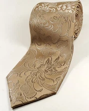 HI-TIE Handmade 100% Silk Tie Men's Light Brown Gold Floral Necktie NEW