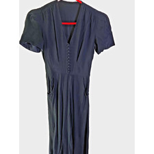 1950s Tailored Black/Navy Button Front Dress XSmall POCKETS