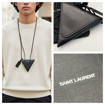 Saint Laurent Triangle Coin Purse Case Necklace Leather Black YSL