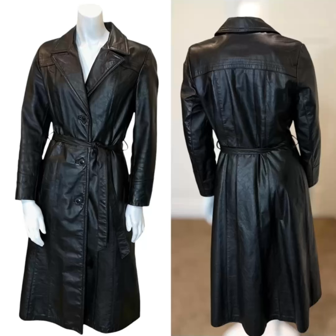 Vintage 70's BLACK LEATHER TRENCH COAT w BELT Women's S Goth