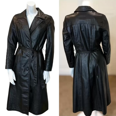Vintage 70's BLACK LEATHER TRENCH COAT w BELT Women's S Goth
