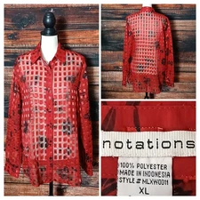 Notations Top XL Sheer Red Embellished Floral Button Front Shirt Long Sleeve 
