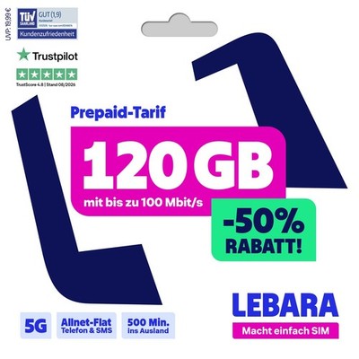 LEBARA HELLO! 120 Prepaid SIM-Karte | Allnet-Flat Telefonie & SMS | 120 GB Daten