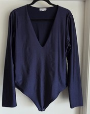 Good American Bodysuit Size 6 Navy V-Neck Long Sleeve Solid Snap Body Suit