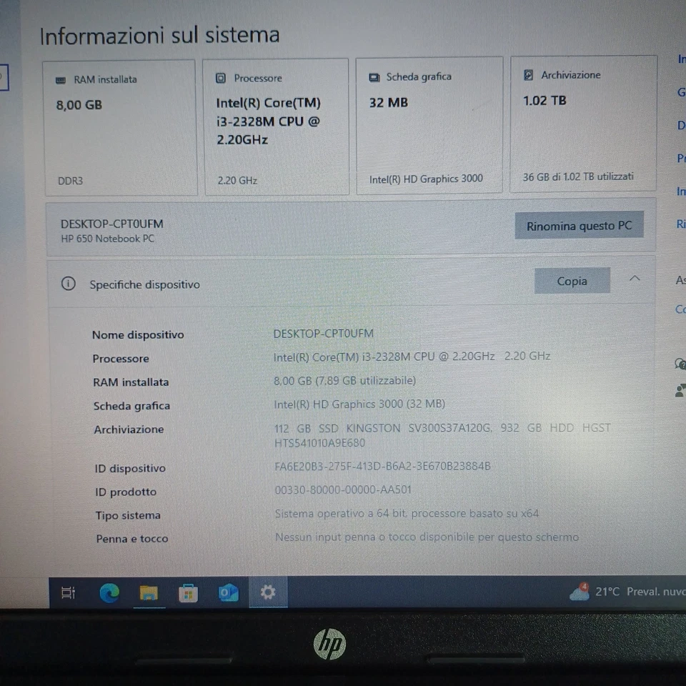 Laptop HP 650 RAM 8GB HDD 1TB + SSD 120GB Notebook Intel Ripristinato Win10 Pro - Immagine 3 di 4