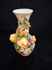 Vintage   Handpainted  Italian  10''  Vase with Applied Fruit & Leaves