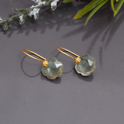 #ad #ad Green quartz 10 mm flower 22k Gold Dangle earrings for women valentine gift $300.00