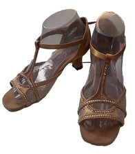 Ballroom Salsa Dance Strappy Sandals Rhinestones Satin Suede Ladies Size 7.5 M