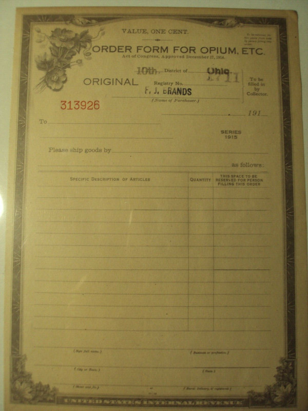Original 1915 United States Internal Revenue Order Form For Opium ETC Size 6"x8"