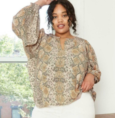 Ava & Viv Women Top 3X Yellow Snakeskin Blouse Long Sleeve V Neck Top Shirt