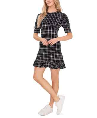CeCe Womens Rich Black Fallen Leaves Plaid Puff Sleeve Mini Dress Size XL