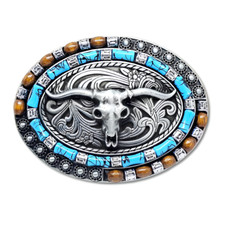 Belt Buckle Horn Bull Western Steer Turquoise Beads Wood Pewter 40mm Buckle Only