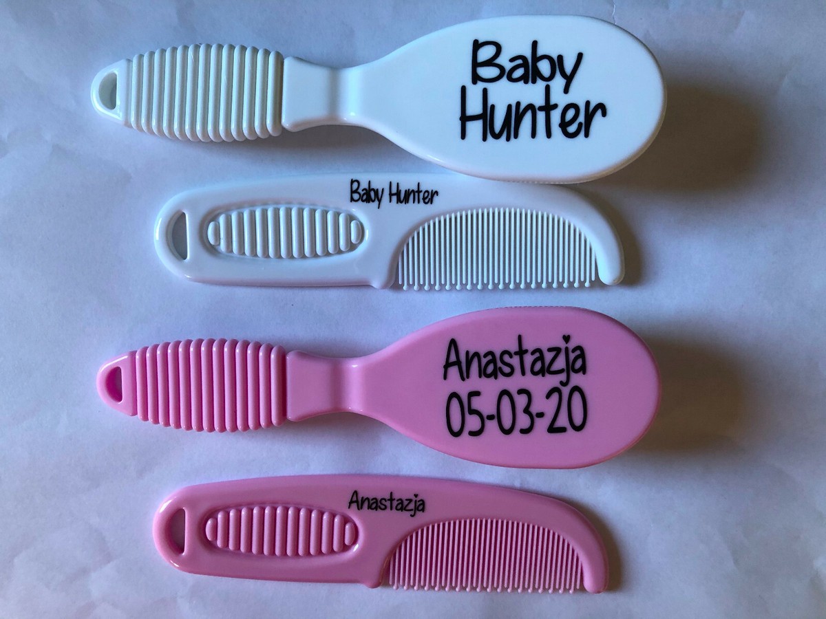 PERSONALISED NEW BABY HAIR BRUSH COMB SET NEWBORN MUM SHOWER GIFT PINK  WHITE