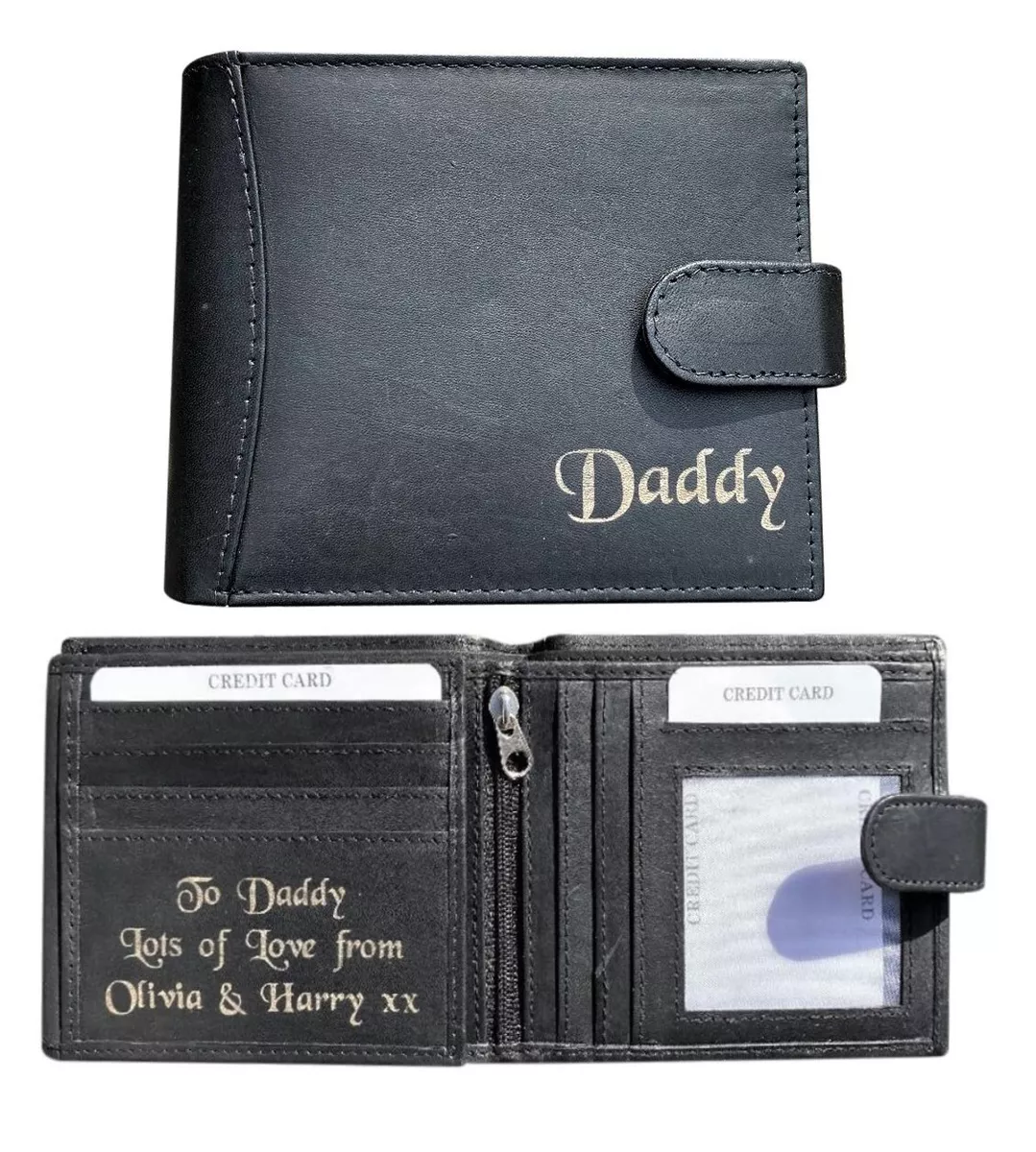 Personalised Men Black Engraved Leather Wallet birthday 