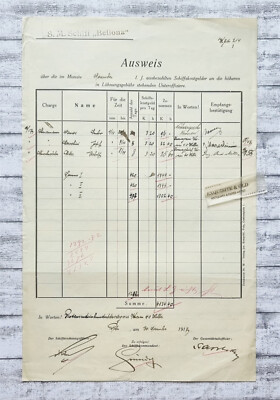 1917 S. M. Schiff Bellona Ausweis Schiffkostgelder Unteroffizier Abrechnung alt