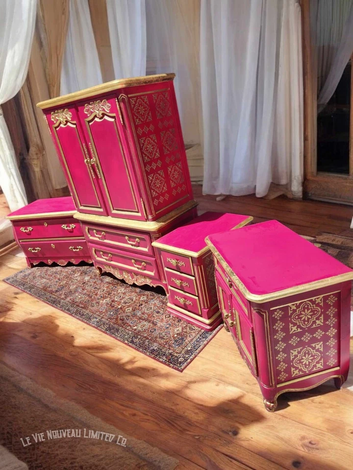 Vintage Hand Painted Gold Fuchsia French Provincial Armoire 4-Piece Set Custom - Image 2 of 4