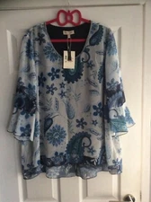 New Lagenlook White Paisley Frilled Stretch Blouson Top - One Size BNWT 