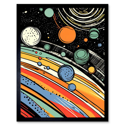 Outer Space Comic Book Style Milky Way Planets Rings Sun Framed Art 12x16