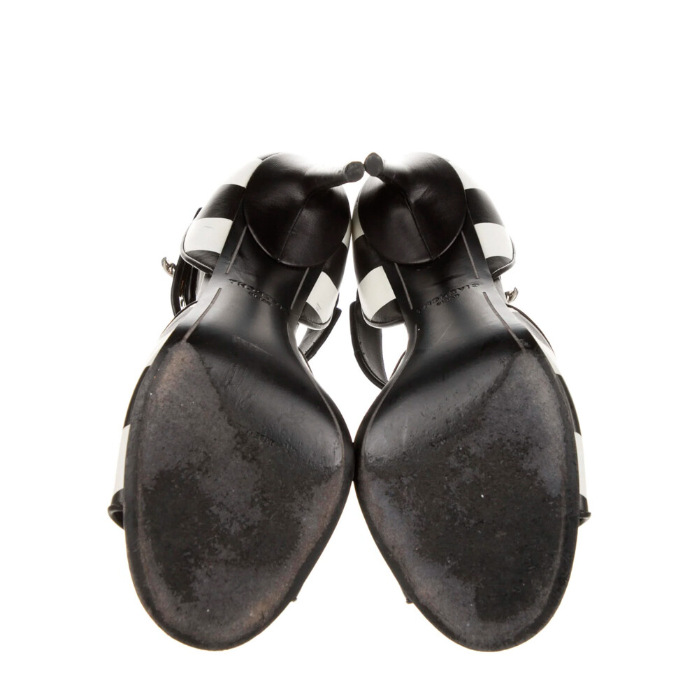 GIVENCHY Black White Leather Shark Lock Peep Toe Sandals 39