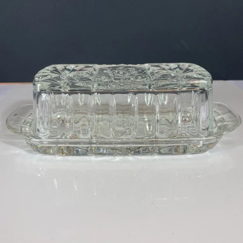 Anchor Hocking Star of David Butter Dish Starburst Prescut Glass  Lid Vtg MCM