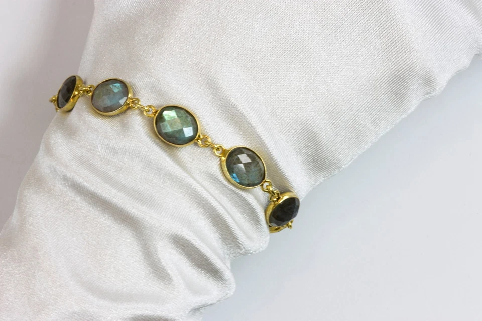 Labradorite Bracelet 14k Gold Filled 7 8 Inch Adjustable Bezel Chain Blue Oval - Image 3 of 3