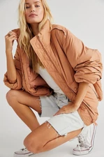 NEW Sz S We The Free People Duvet Bomber Jacket Tan Adjustable Hem Zip Up Puffy