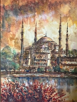 タンクット・ビルゲ作「ブルーモスク」　原画　水彩画 Tankut Bilge Watercolor Blue Mosque Istanbul Original Turkish Art