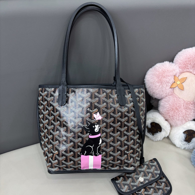 Goyard Anjou Tote Mini Top Handle Shoulder Bag Black Silver Women