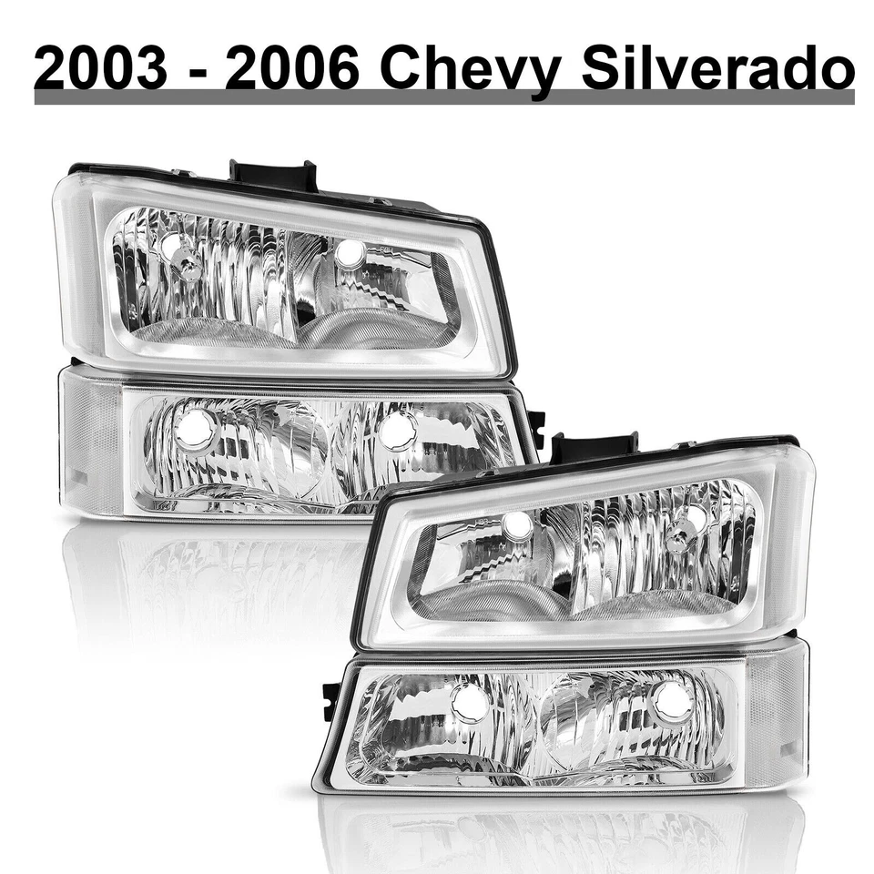 Faros cromados + luces de parachoques de señal para Chevy Silverado 2003 2004 2005 2006 Foto 3 de 4