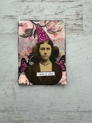 Original Art Mixed Media Collage 3x4 Funny Vintage ''Make A Wish''