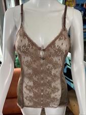 VTG Lingerie Top Camisole Tank 80s 90s VANITY FAIR 34 Brown Nylon Lace Silky USA