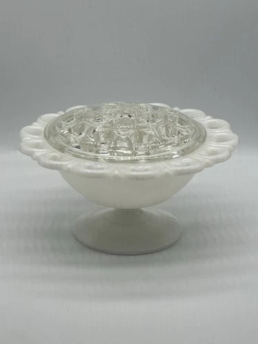 Vintage Anchor Hocking Lace Trim Milk Glass Bowl with Flower Frog Insert