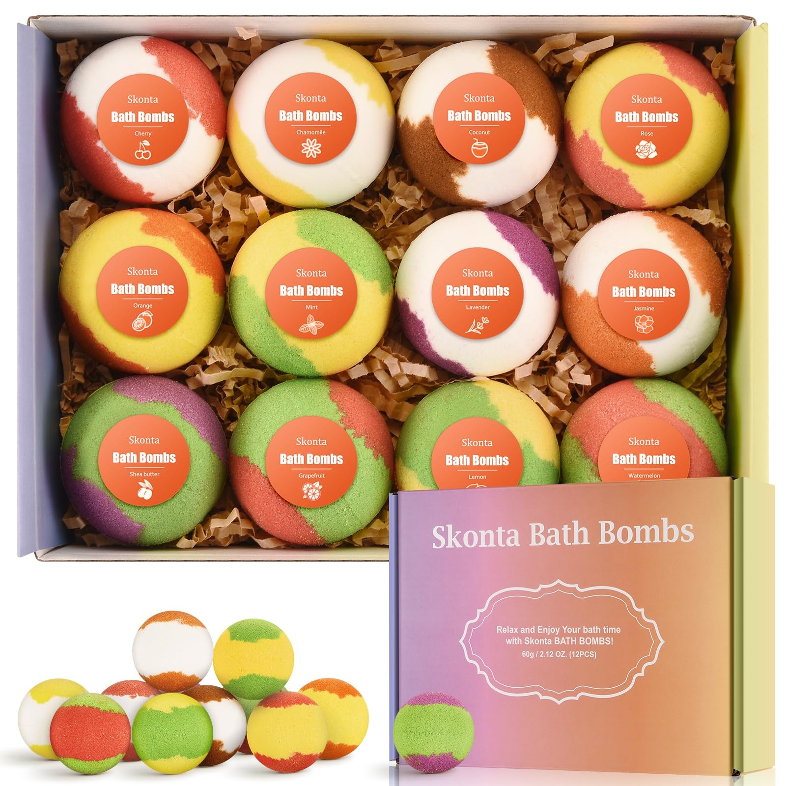 Skonta Bath Bombs Gift Set, 12-Pieces Handmade Fizzy Bubble 60 g (Pack of 12)