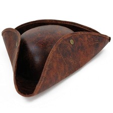 Faux Leather Pirate Hat - Brown Distressed Tricorn Colonial Style Headwear