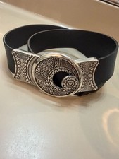 Chico's Black Genuine Leather Belt with Ornate Silver Tone Buckle S/M