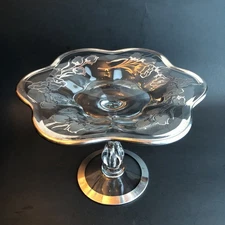 VTG Silver Overlay Duncan & Miller Manganese Crystal Lilies Footed Compote Dish