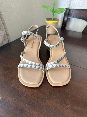Lucky Brand Women s Wedges Sandals Size 10M Tan With Blue Triangle Print 