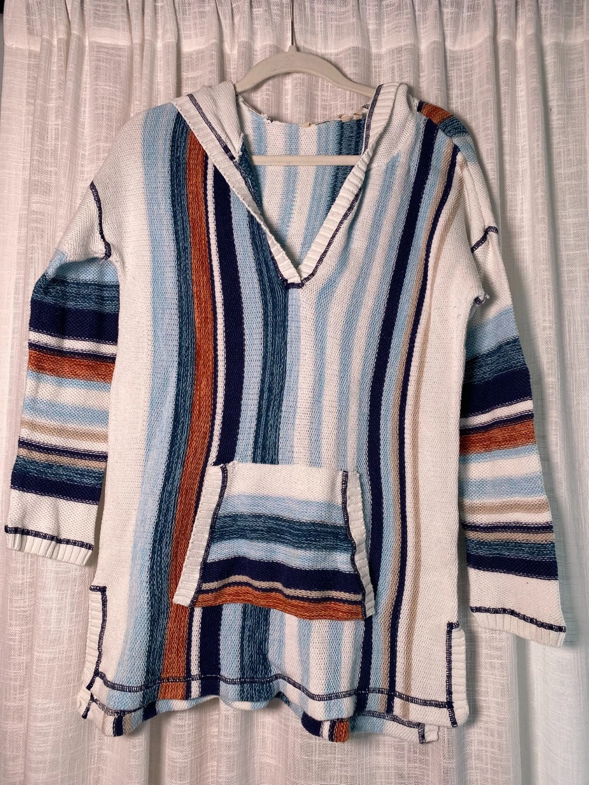 Soft Surroundings Just Beachy Poncho Blue/Brown Sweater Hoodie Top Size Medium
