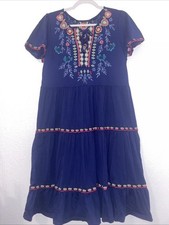 Johnny Was M Medium Nya Tiered Knit Embroidered Dress Blue Bohemian Beach SEE