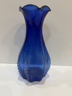 Vintage 1950 s Glass Cobalt Blue Vase 7'' Beaded Hobnail Accents Ruffle Edge USA