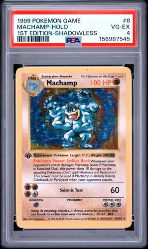 1999 POKEMON BASE SET 1ST EDITION-SHADOWLESS #8 MACHAMP-HOLO PSA 4